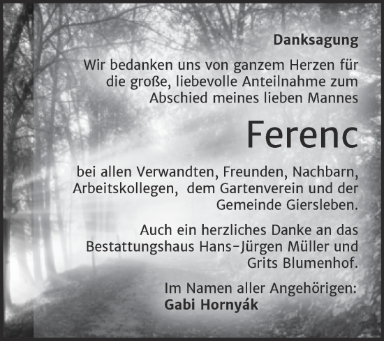 Traueranzeige von Ferenc Hornyak von Trauerkombi Aschersleben