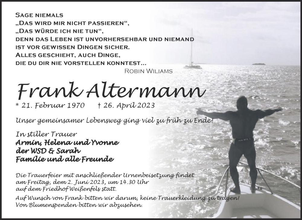  Traueranzeige für Frank Altermann vom 17.05.2023 aus Trauerkombi Weißenfels