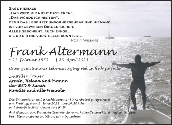 Traueranzeige von Frank Altermann von Trauerkombi Weißenfels