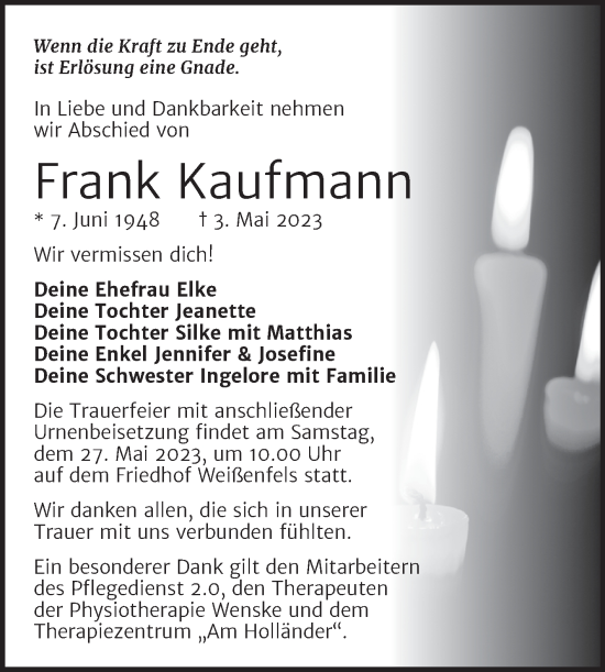 Traueranzeige von Frank Kaufmann von Trauerkombi Weißenfels