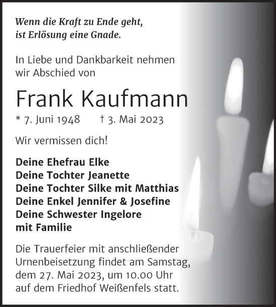 Traueranzeige von Frank Kaufmann von Trauerkombi Merseburg
