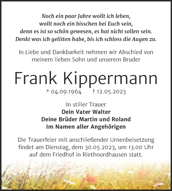 Traueranzeige von Frank Kippermann von Trauerkombi Sangerhausen