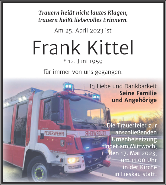 Traueranzeige von Frank Kittel von Mitteldeutsche Zeitung Halle/Saalkreis