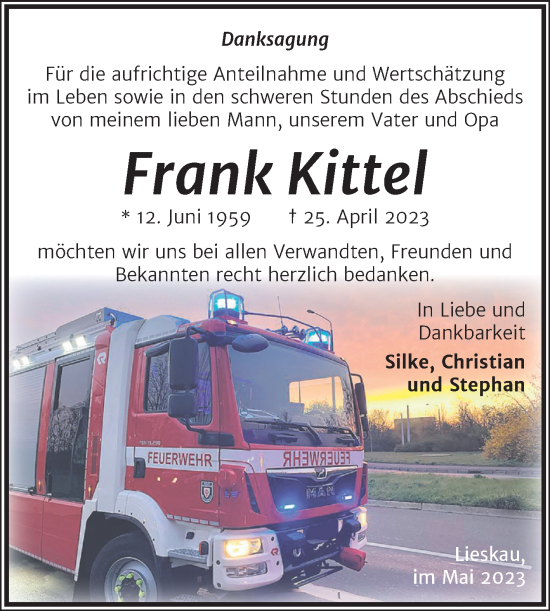 Traueranzeige von Frank Kittel von Mitteldeutsche Zeitung Halle/Saalkreis