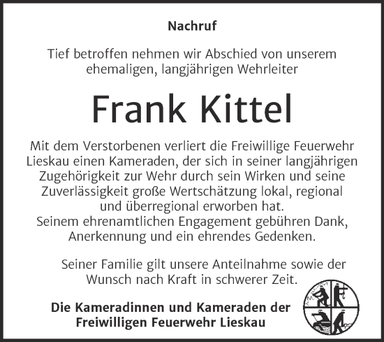 Traueranzeige von Frank Kittel von Mitteldeutsche Zeitung Halle/Saalkreis