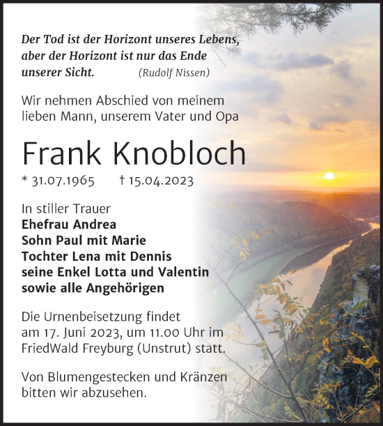 Traueranzeige von Frank Knobloch von Super Sonntag Zeitz
