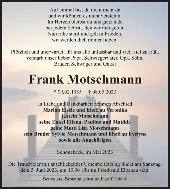 Traueranzeige von Frank Motschmann von Volksstimme Schönebeck