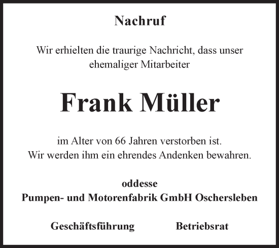 Traueranzeige von Frank Müller von Volksstimme Oschersleben/Wanzleben
