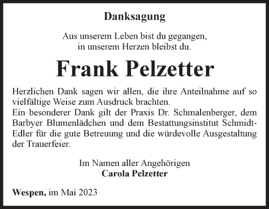 Traueranzeige von Frank Pelzetter von Volksstimme Schönebeck