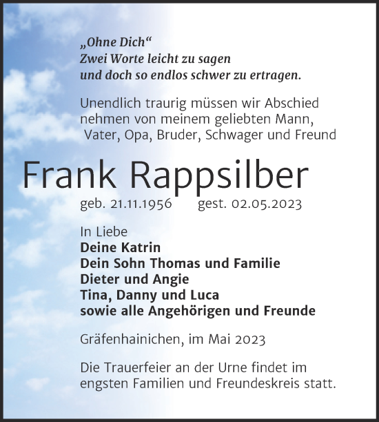 Traueranzeige von Frank Rappsilber von Trauerkombi Wittenberg