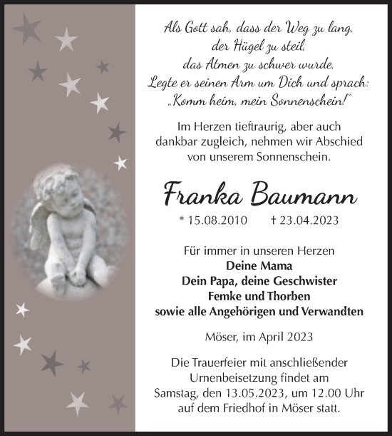 Traueranzeige von Franka Baumann von Volksstimme Burg/Genthin