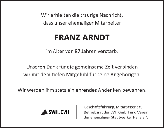 Traueranzeige von Franz Arndt von Mitteldeutsche Zeitung Halle/Saalkreis