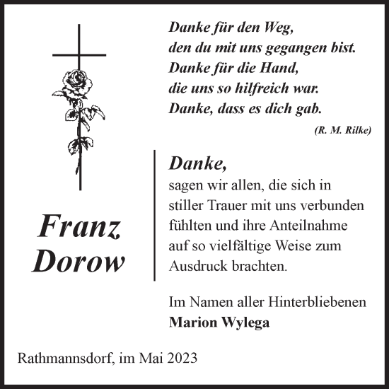 Traueranzeige von Franz Dorow von Volksstimme Staßfurt
