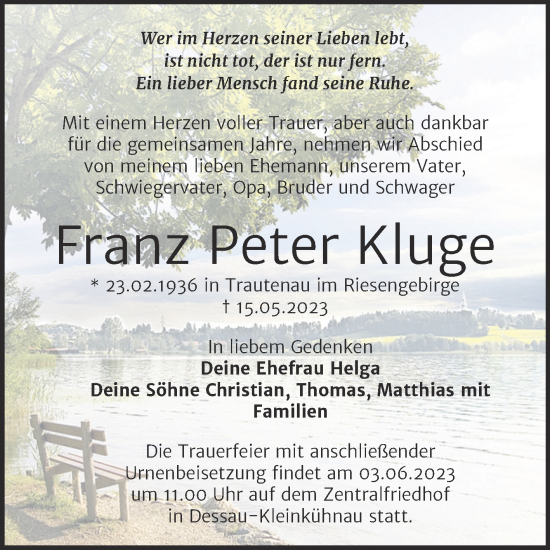 Traueranzeige von Franz Peter Kluge von Trauerkombi Dessau