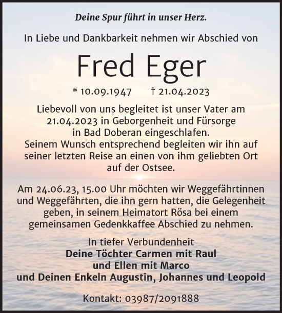Traueranzeige von Fred Eger von Trauerkombi Bitterfeld