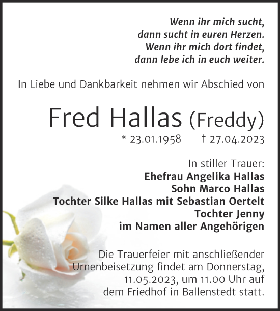 Traueranzeige von Fred Hallas von Trauerkombi Quedlinburg