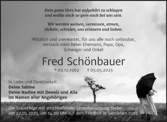 Traueranzeige von Fred Schönbauer von Trauerkombi Mansfelder Land