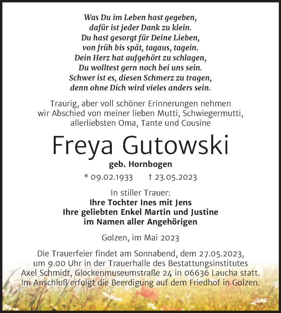 Traueranzeige für Freya Gutowski vom 25.05.2023 aus Naumburger Tageblatt