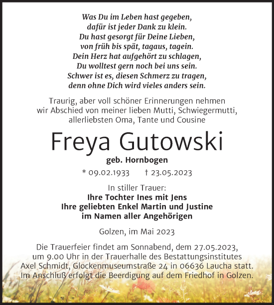 Traueranzeige von Freya Gutowski von Naumburger Tageblatt