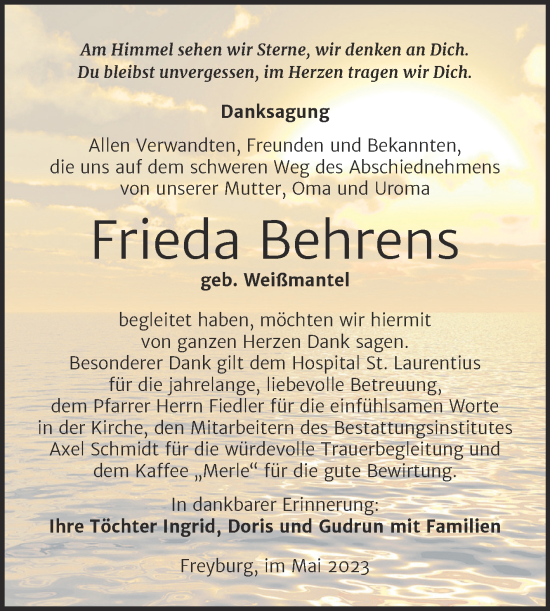 Traueranzeige von Frieda Behrens von Wochenspiegel Naumburg/Nebra