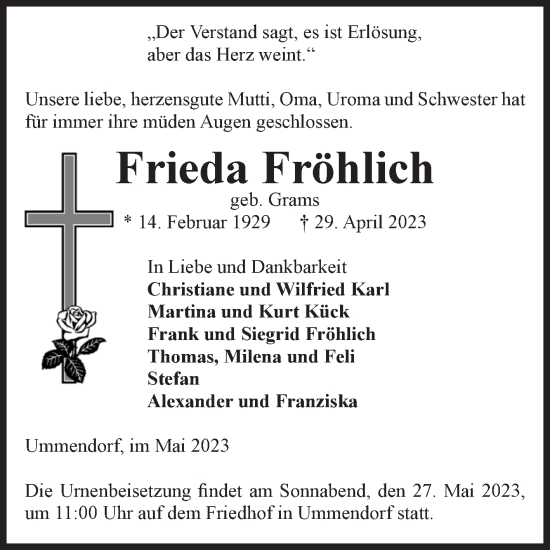 Traueranzeige von Frieda Fröhlich von Volksstimme Oschersleben/Wanzleben