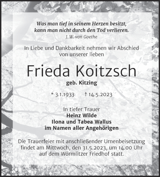Traueranzeige von Frieda Koitzsch von Mitteldeutsche Zeitung Halle/Saalkreis