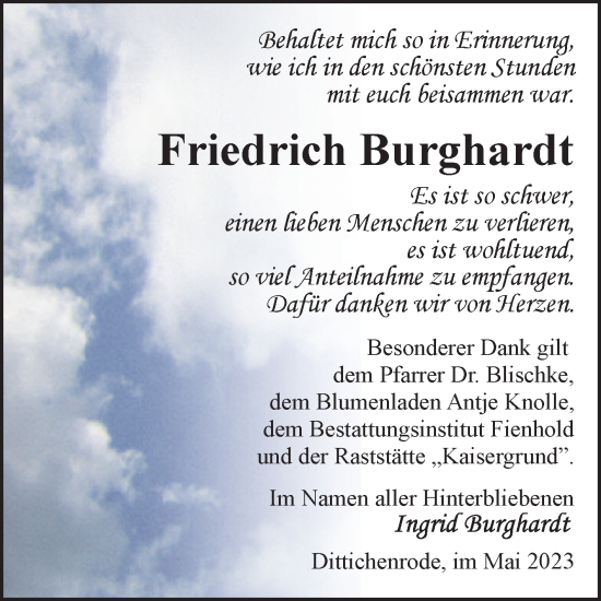 Traueranzeige von Friedrich Burghardt von Trauerkombi Sangerhausen