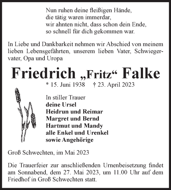 Traueranzeige von Friedrich Falke von Volksstimme Altmark Ost