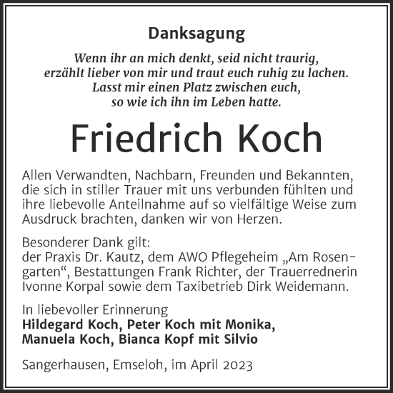 Traueranzeige von Friedrich Koch von Trauerkombi Sangerhausen