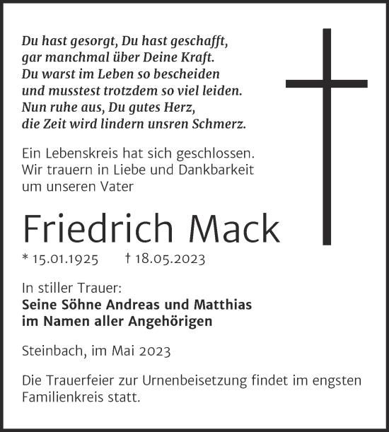 Traueranzeige von Friedrich Mack von Wochenspiegel Naumburg/Nebra
