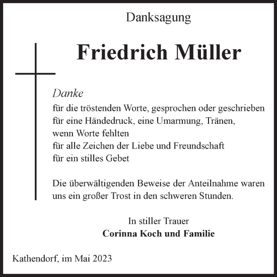 Traueranzeige von Friedrich Müller von Volksstimme Haldensleben/Wolmirstedt