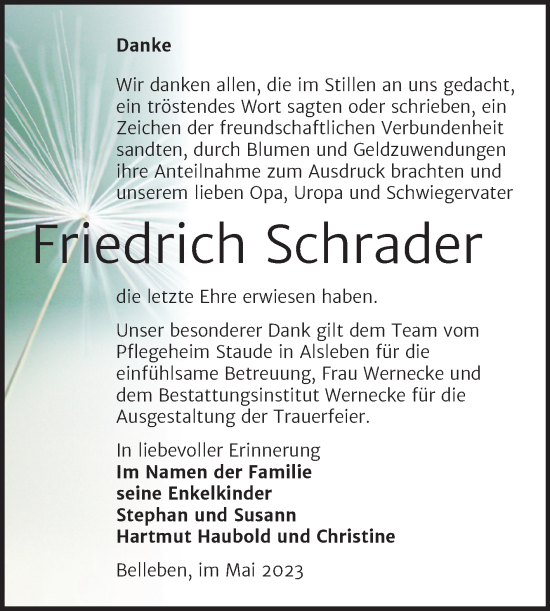 Traueranzeige von Friedrich Schrader von Trauerkombi Bernburg