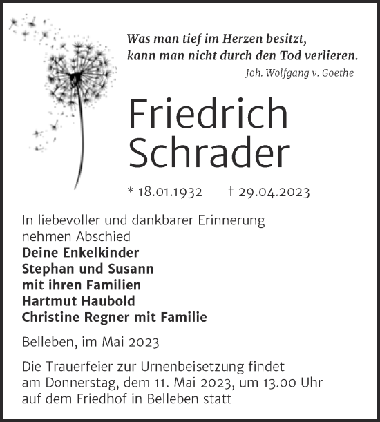 Traueranzeige von Friedrich Schrader von Trauerkombi Bernburg