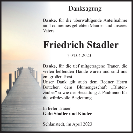 Traueranzeige von Friedrich Stadler von Volksstimme Halberstadt