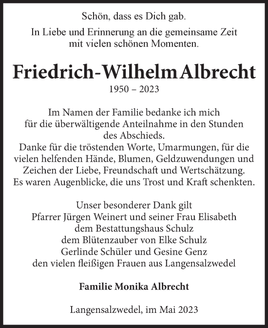 Traueranzeige von Friedrich-Wilhelm Albrecht von Volksstimme Altmark Ost