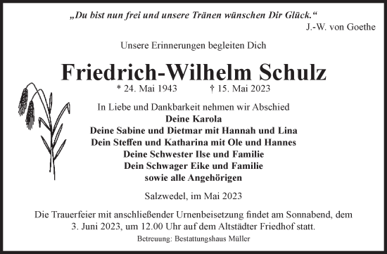 Traueranzeige von Friedrich-Wilhelm Schulz von Volksstimme Altmark West