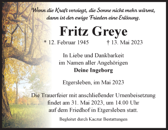 Traueranzeige von Fritz Greye von Volksstimme Staßfurt