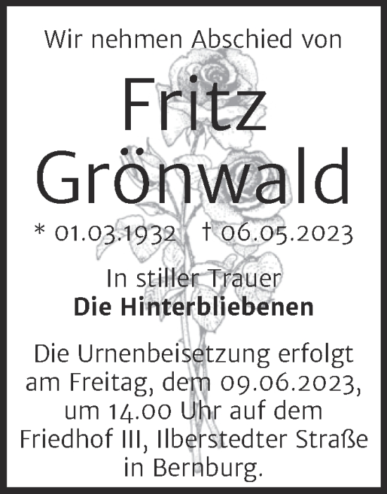 Traueranzeige von Fritz Grönwald von Trauerkombi Bernburg