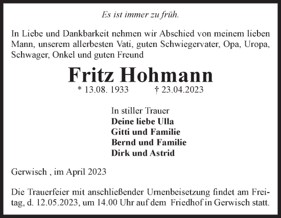 Traueranzeige von Fritz Hohmann von Volksstimme Burg/Genthin