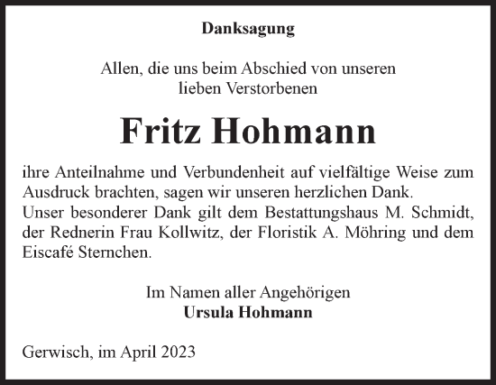 Traueranzeige von Fritz Hohmann von Volksstimme Burg/Genthin