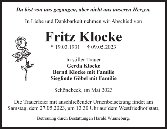 Traueranzeige von Fritz Klocke von Volksstimme Schönebeck