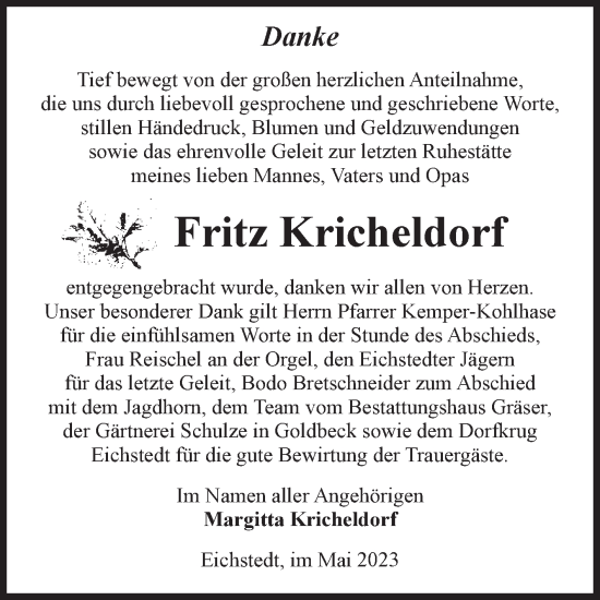 Traueranzeige von Fritz Kricheldorf von Volksstimme Altmark Ost