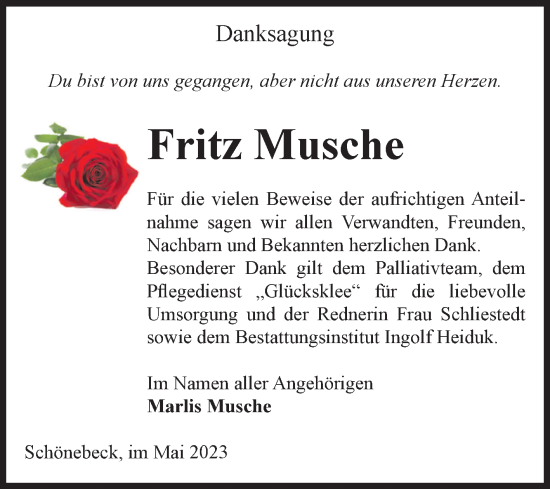 Traueranzeige von Fritz Musche von Volksstimme Schönebeck