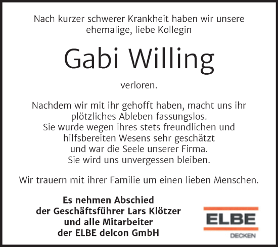 Traueranzeige von Gabi Willing von Super Sonntag Wittenberg