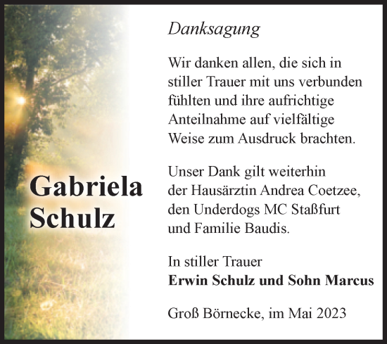 Traueranzeige von Gabriela Schulz von Volksstimme Staßfurt