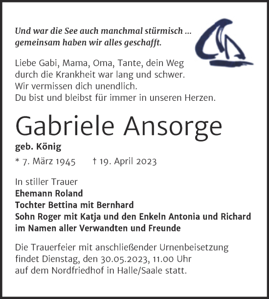 Traueranzeige von Gabriele Ansorge von Mitteldeutsche Zeitung Halle/Saalkreis