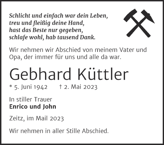 Traueranzeige von Gebhard Küttler von Trauerkombi Zeitz