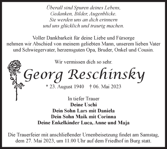Traueranzeige von Georg Reschinsky von Volksstimme Burg/Genthin