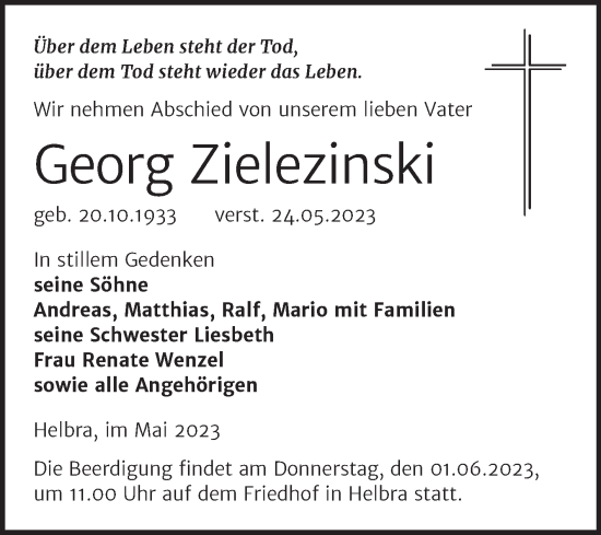 Traueranzeige von Georg Zielezinski von Mitteldeutsche Zeitung Mansfelder Land