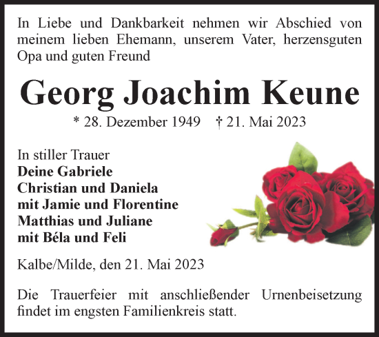 Traueranzeige von Georg Joachim Keune von Volksstimme Altmark West